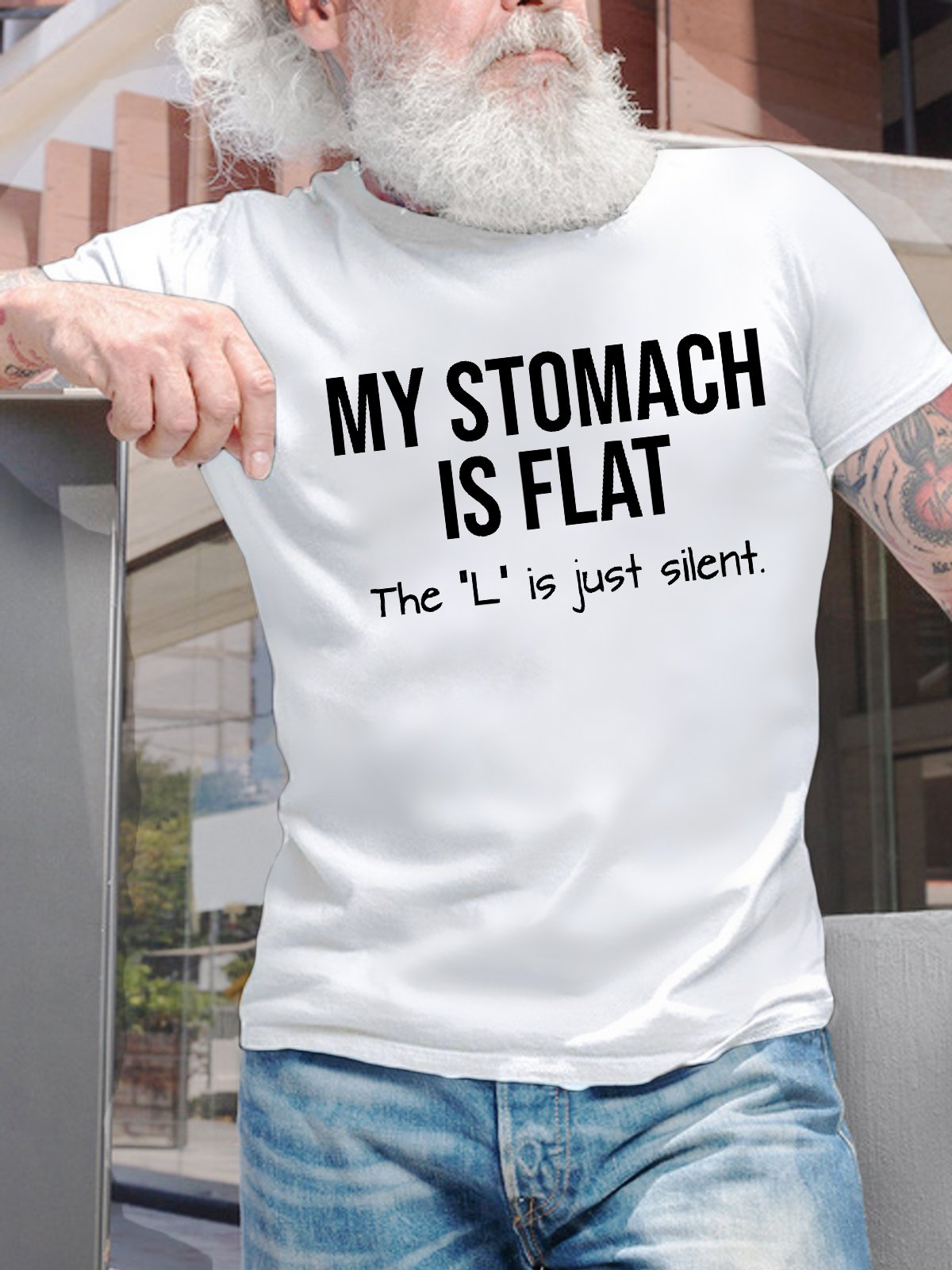 Men's My Stomach Is Flat The L Is Just Silent Funny Graphic Printing Text Letters Loose Casual Cotton T-Shirt