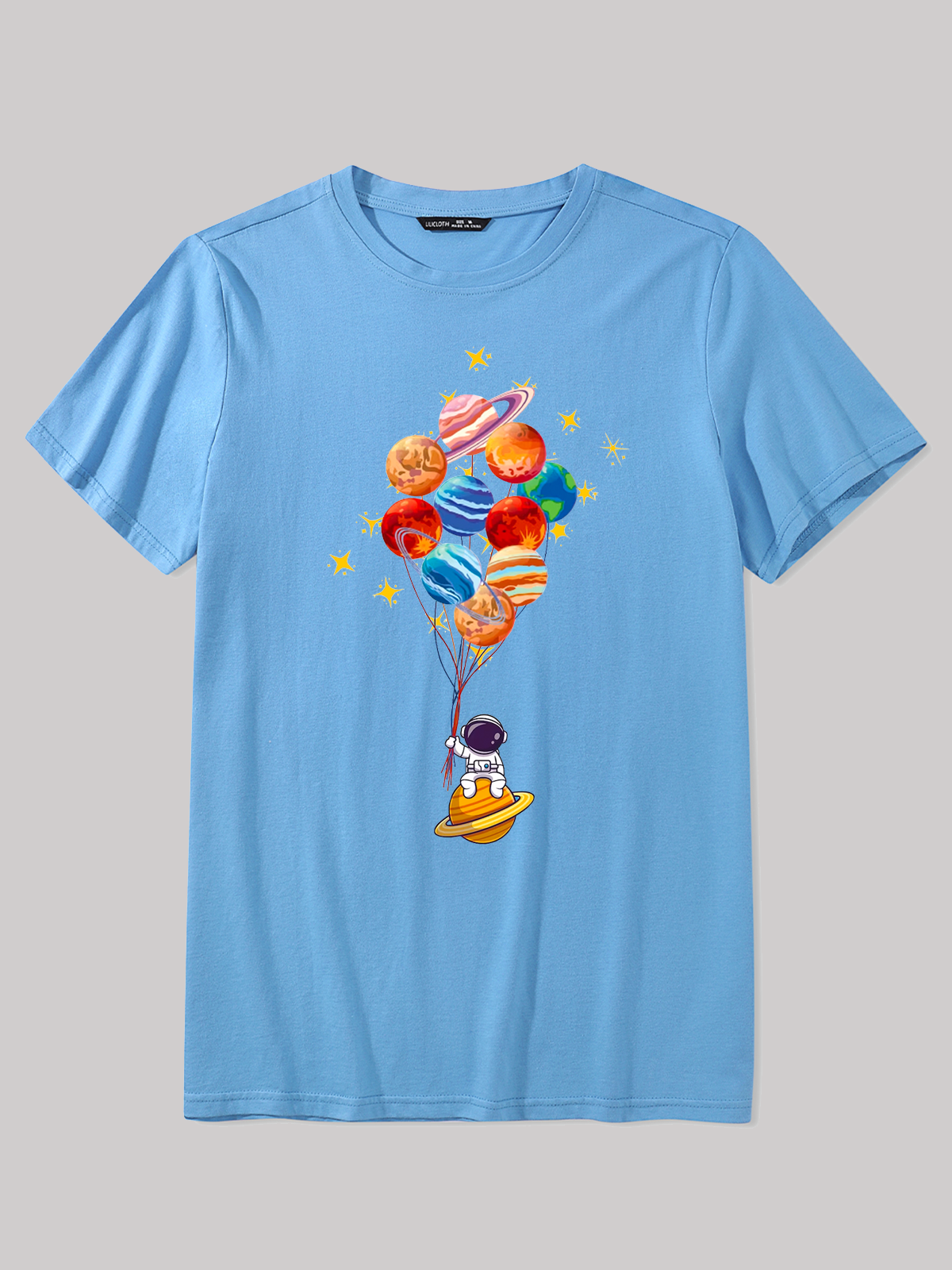 Men's Space Balloon Astronaut Cotton Casual Loose T-Shirt