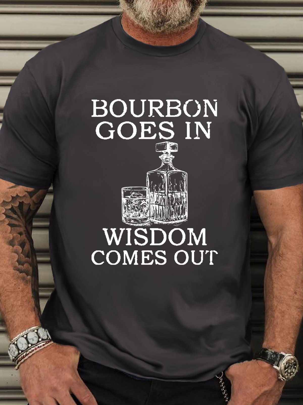 Men‘s Cotton Bourbon Goes In Wisdom Comes Out Funny Crew Neck T-Shirt