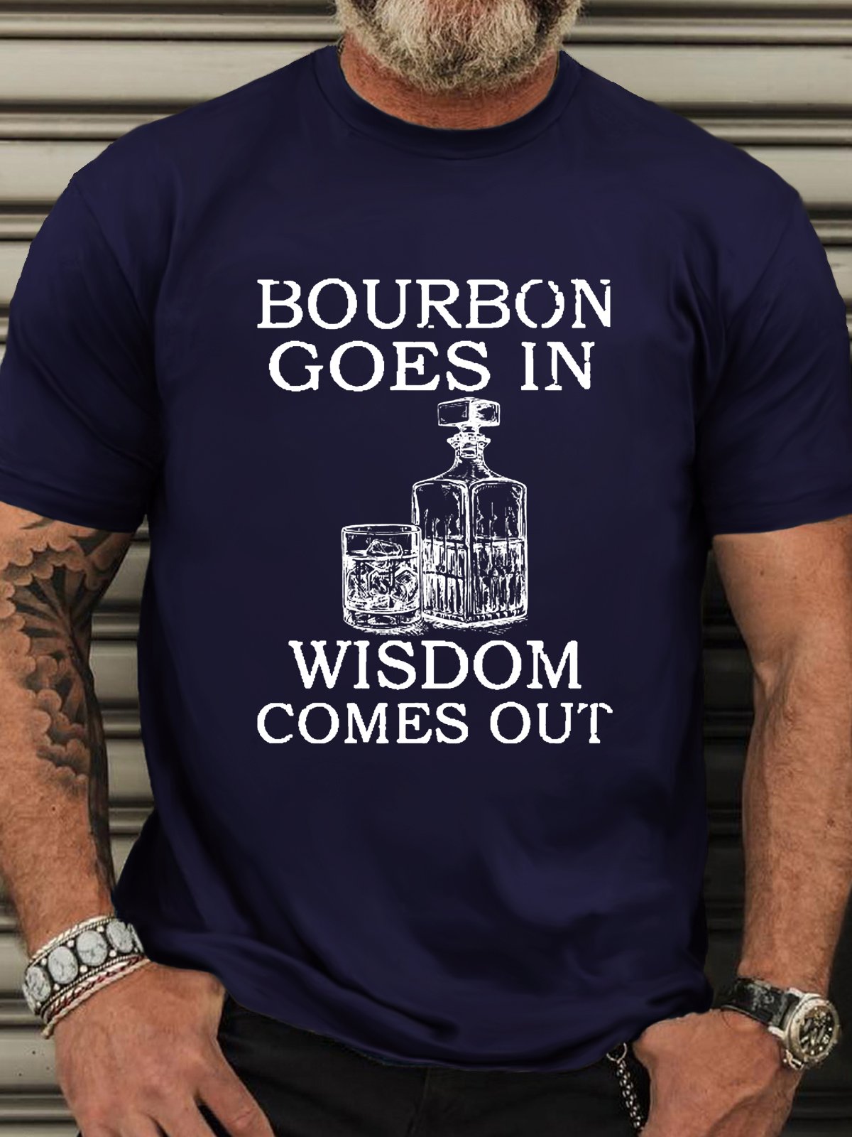 Men‘s Cotton Bourbon Goes In Wisdom Comes Out Funny Crew Neck T-Shirt