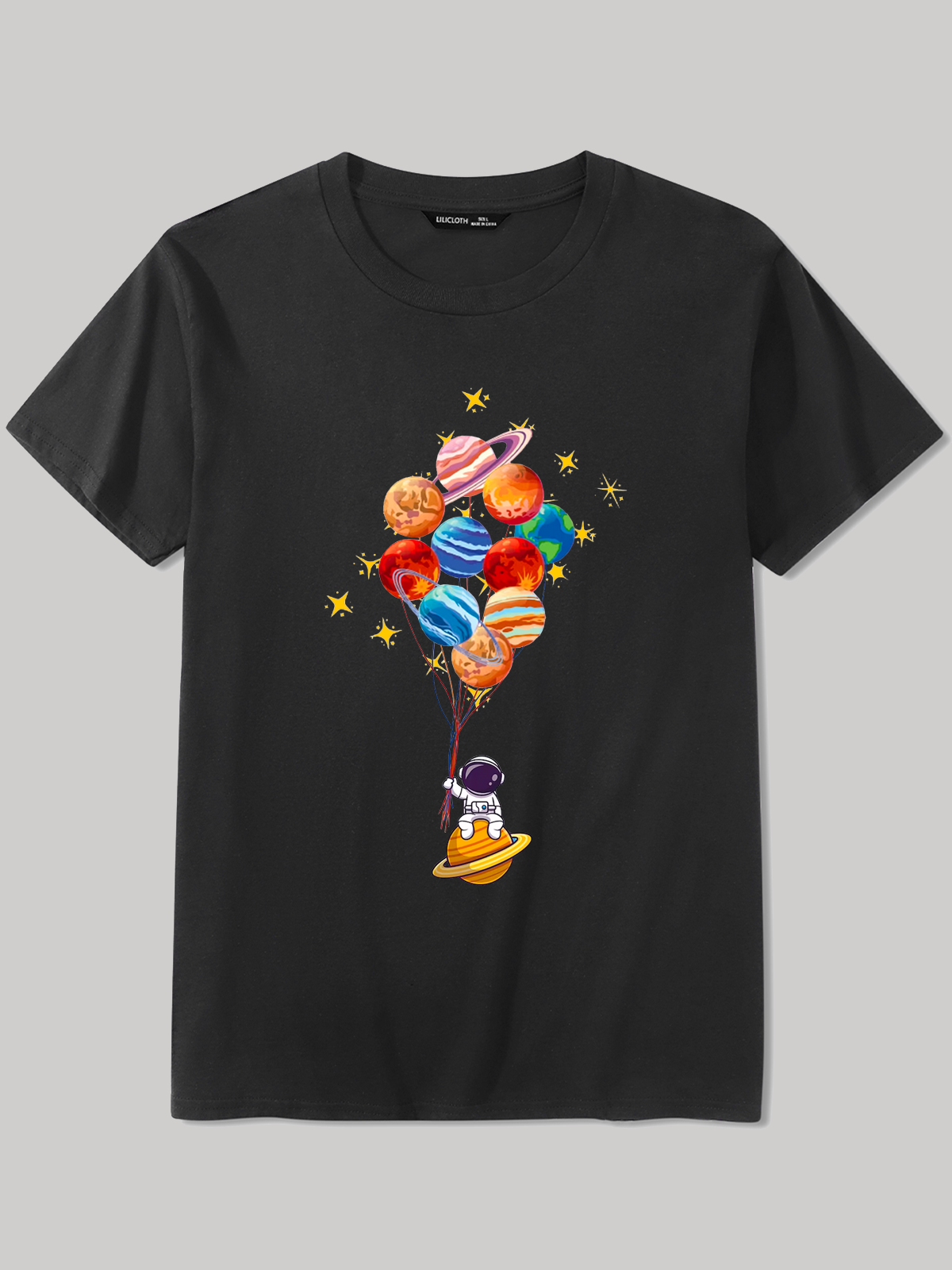 Men's Space Balloon Astronaut Cotton Casual Loose T-Shirt