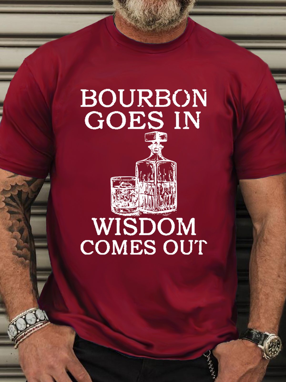 Men‘s Cotton Bourbon Goes In Wisdom Comes Out Funny Crew Neck T-Shirt