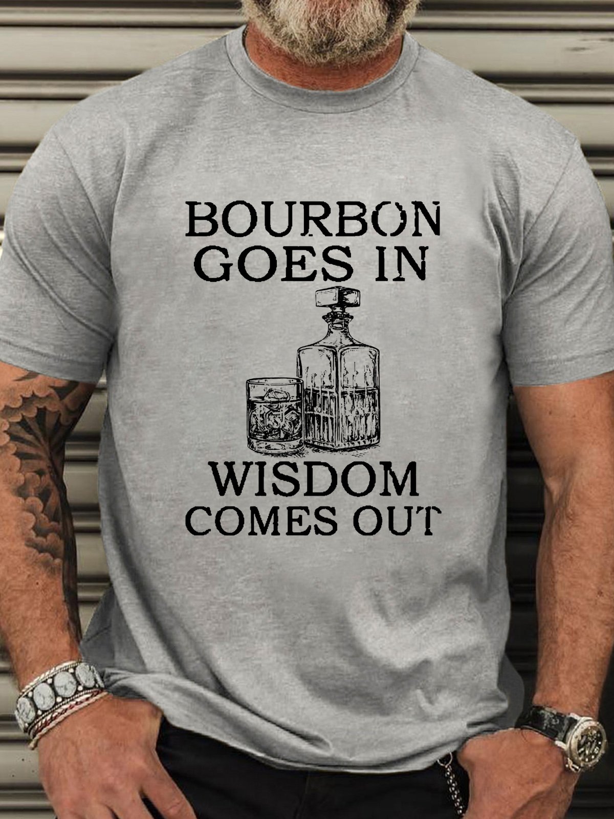 Men‘s Cotton Bourbon Goes In Wisdom Comes Out Funny Crew Neck T-Shirt