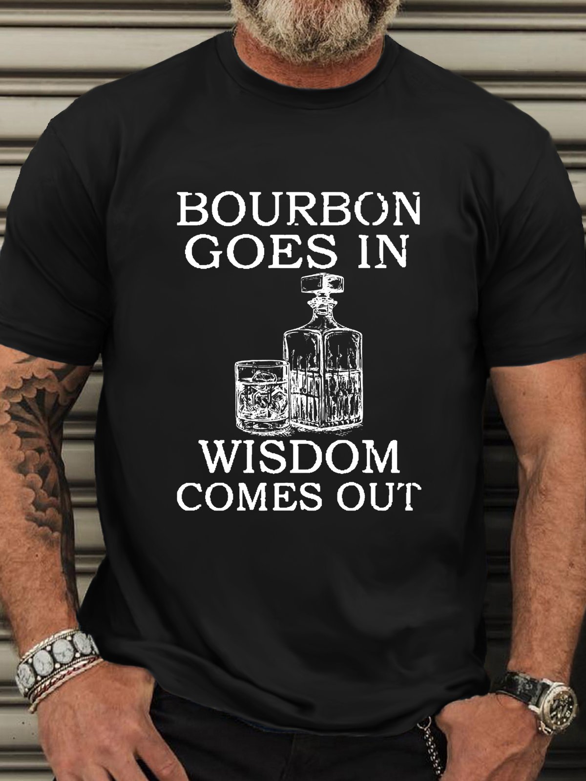 Men‘s Cotton Bourbon Goes In Wisdom Comes Out Funny Crew Neck T-Shirt