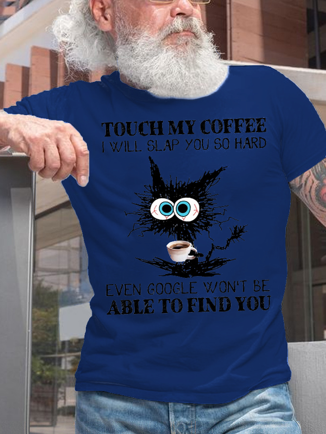 Mens Funny Coffee Letter Black Cat Cotton T-Shirt