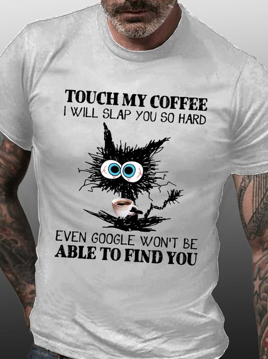 Mens Funny Coffee Letter Black Cat Cotton T-Shirt