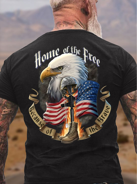 Men's Funny Home Of The Free Graphic Printing 4th Of July Eagle Old Glory Cotton Casual T-Shirt